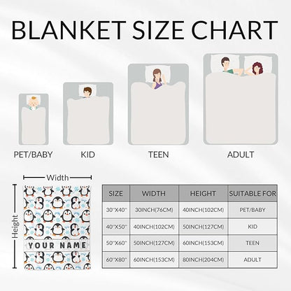 Personalized Penguin Blanket Gifts for Girls Women - 50" x 60" Inches Penguin Throw Blanket - White Soft Warm Throws for Couch, Bed & Travel