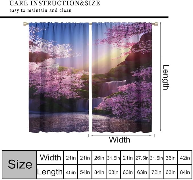 Landscape Waterfall Blackout Curtains, Watercolor Blossom Cherry Flower Forest Pattern Rod Pocket Window Drapes, for Bedroom Living Room 72" W X 63" L