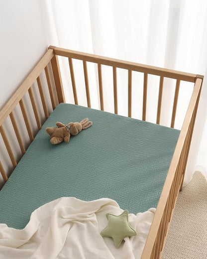 Blissful Diary Muslin Crib Sheets for Girl Boy, Boho Neutral Soft Cotton Baby Sheet for 52''x28'' Standard Crib Mattress, 2 Pack(Roman Green&Leaf)