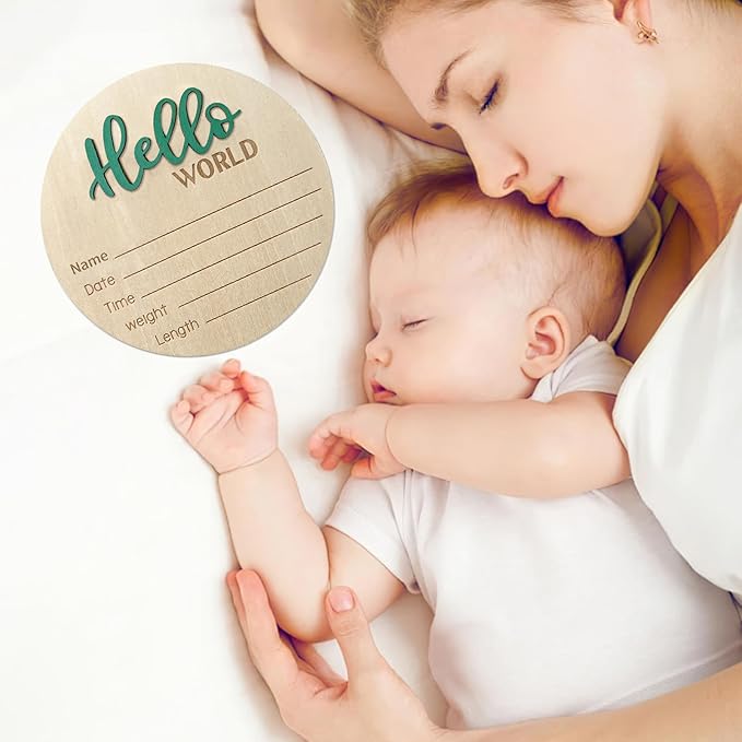 Baby Announcement Sign, 5.9 Inch Wooden Hello World Newborn Signs, Birth Announcement Sign, Baby Shower Hospital Nursery for Newborn Boys and Girls (Green,Pen)