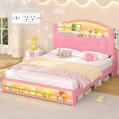 Queen Bed Frame with Storage Headboard, Platform Bed Frame Queen Size with Charging Station&LED Lights,Velvet Princess Bed for Girls/Kids, No Box Spring Needed/Noise-Free/Easy Assembly,Pink