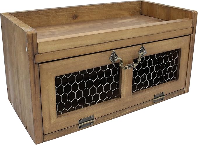 Farmhouse Countertop Storage Organizer, Rustic Wood Kitchen Cabinet with Chicken Wire, Kitchen Pantry Display Shelf, Country Vintage Style. Distress Brown