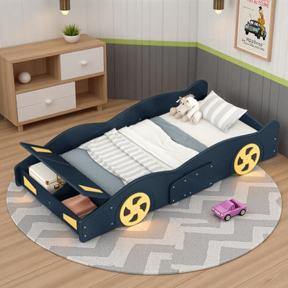 SOFTSEA Twin Car Shaped Bed Frame Modern Car-Shaped Platform Bed with Storage Headboard and Wheels, Wood Twin Platform Bed with Storage for Kids Boys, No Box Spring Needed, Blue+Yellow