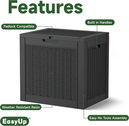 EasyUp 32 Gallon Resin Deck Box Waterproof, UV Resistant Outdoor Storage Box for Delivery, Garden, Patio,and Porch, Rattan Black