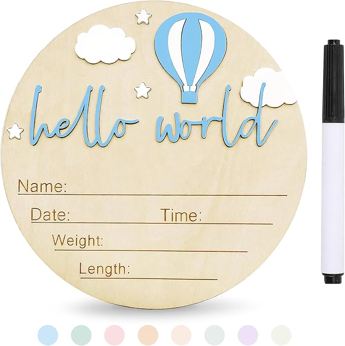 Baby Announcement Sign with Pen, 5.9 Inch Wooden Hello World Newborn Sign for Hospital, 3D Birth Announcement Board, Welcome Baby Name Signs for Nursery, Newborn Boy & Girl,Blue Balloon