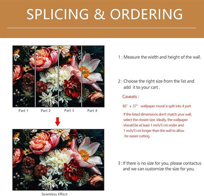 Dark Floral Wallpaper Peel and Stick Large Peony Flower Self Adhesive Wall Mural for Bedroom 82"x57"