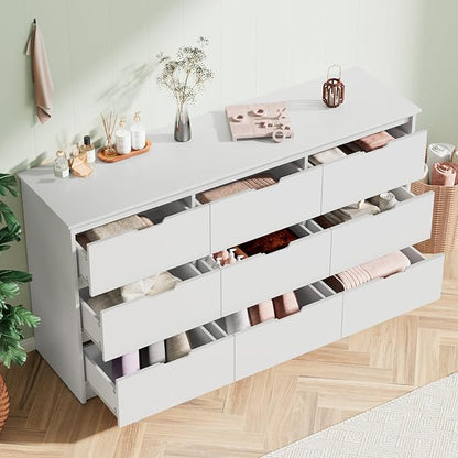 CARPETNAL 9 Drawer White Dresser for Bedroom with Deep Drawers, Large Dressers & Chest of Drawers Handle Free, Modern Long Dressers for Closet Bedroom, Living Room (59.25" W x 15.9" D x 31.9" H)