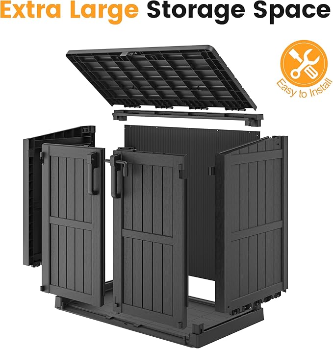 LHBcraft Outdoor Storage Cabinet 36 Cu Ft with Lockable Doors, Portable Horizontal Resin Storage Shed - Easy to Assemble, Waterproof Small Storage Shed with Floor Black
