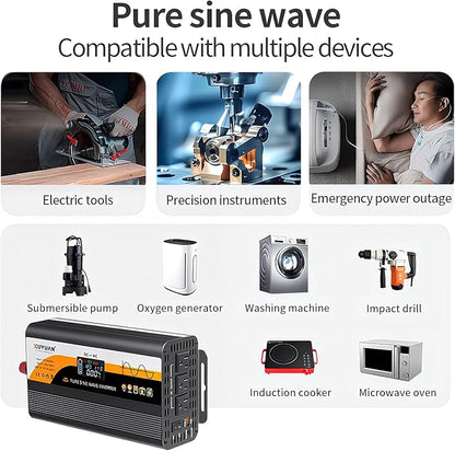 1500W Pure Sine Wave Inverter (3000W Peak), 12V/24V Auto-Detect, 50Hz/60Hz Switchable, LCD Display, Type-C Fast Charging, Silent Design, Overload & Overheat Protection for RV, Home (Black-1500W)