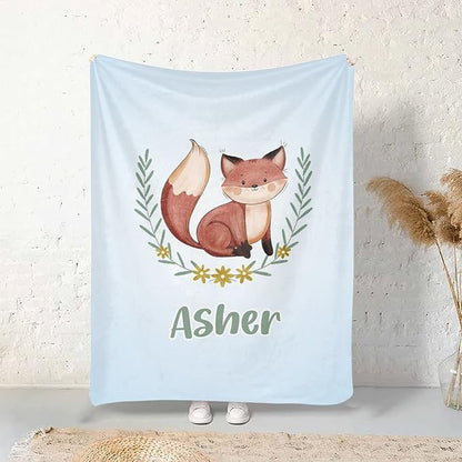 Cute Fox Blue Personalized Receiving Sherpa Fleece Baby Blankets for Girls Boys Kids, Swaddle Blankets Gift for Newborn Crib Infants 30x40 Inches