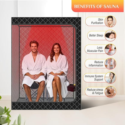 Smartmak 2 Person Portable Sauna Box with Infrared 660nm Red Light Therapy Lamp for Home Relaxation, Large Full Body Sauna Tent, 185°F1500W High Power Hot Air Heating Saunas Spa Pod, 2 Folding Chairs
