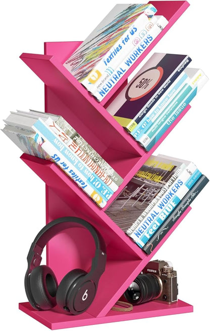 5 Tier Tree Book Shelf, Small Desktop Bookshelf with Storage Organizer, Wood Bookcase, Desk Display Bookshelves, Floor Standing Organizer Bookcases for Living Room,Bedroom,Office-Pink