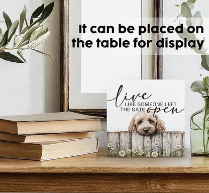 Goldendoodle Wooden Box Sign, Rustic Farmhouse Live Like Someone Left the Gate Open Signs for Home Decor,Farm Dog Office Kitchen Bedroom Decor,Goldendoodle Gifts for Kids Women Men,6x6