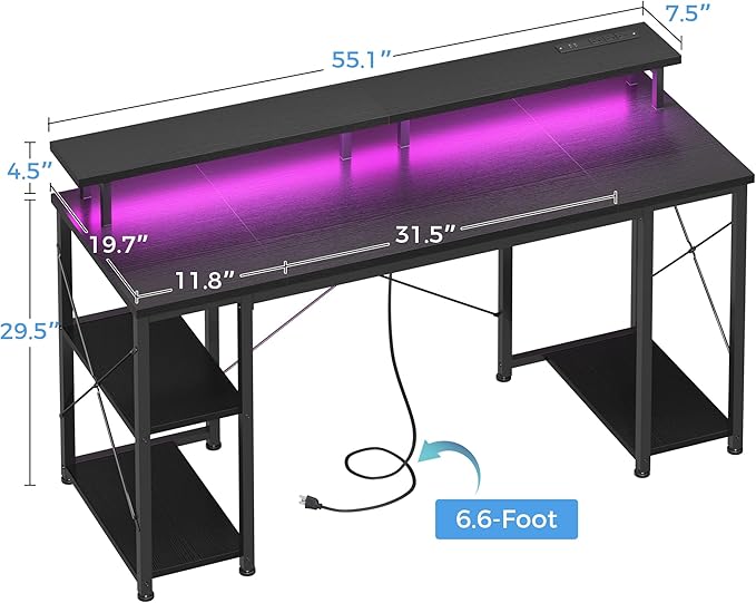 ODK 55 Inches Gaming Desk with LED Lights, Computer Desk with Monitor Stand, Pc Table with CPU Stand, Black