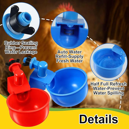 Tanlade 50 Packs Chicken Waterer Chicken Feeder, Automatic Waterer Kit for Poultry Duck Goose Turkey Bunny (Red,Blue)