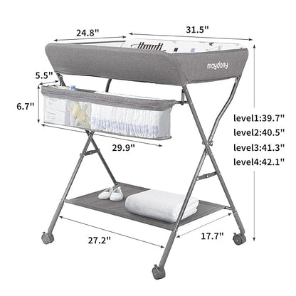 Baby Changing Table with Wheels, Maydolly Portable Adjustable Height Folding Diaper Station with Nursery Organizer & Storage Rack for Newborn Baby and Infant (Light Grey)