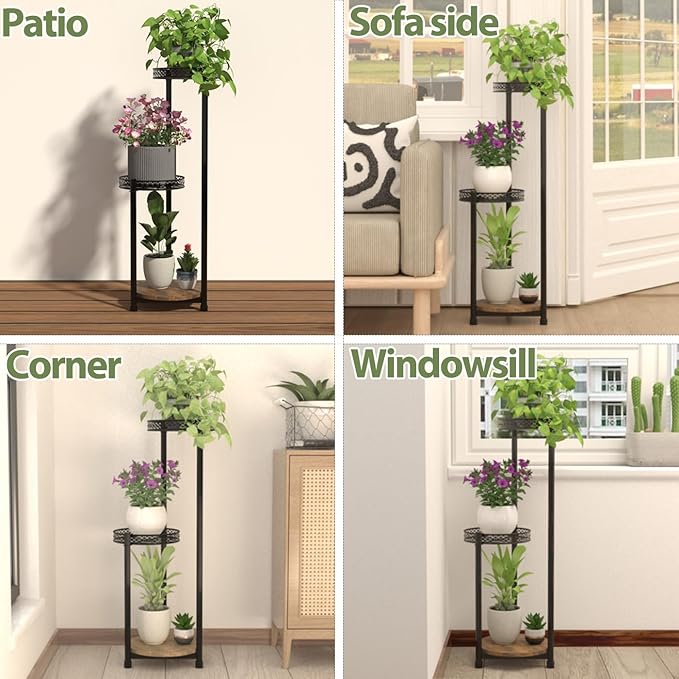 Plant Stand Indoor Outdoor,3 Tier Metal Wood Plant Stand for Multiple Plants,Black Tall Narrow Plants Display Organizer for Corner Living Room Porch Patio Garden Office