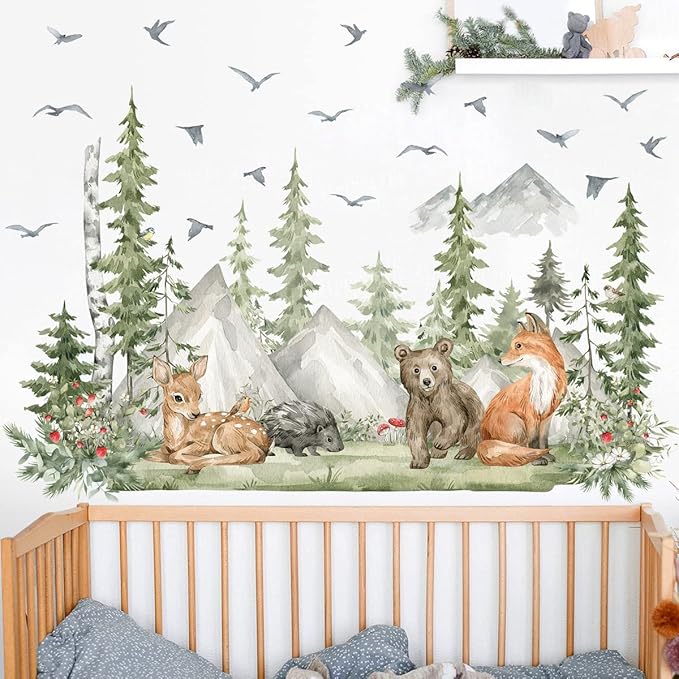 Amaonm 4 Sheet of 12x36 inch Giant Mountain Forest Tree Wall Decal Woodland Deer Bear Fox Birds Wall Stickers 3D DIY Peel and Stick Jungle Wild Animal Pine Wall Decor for Kids Boys Bedroom Playroom