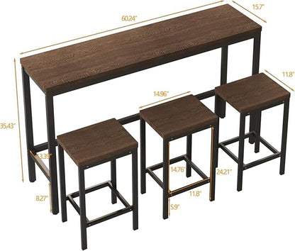 KEIKI 60.24” Long Bar High Top Dining Table and 3 Stools Chairs Set, Wood Behind Couch Sofa Counter Height Pub Furniture for Breakfast, Kitchen Living Party Room, Dark Brown
