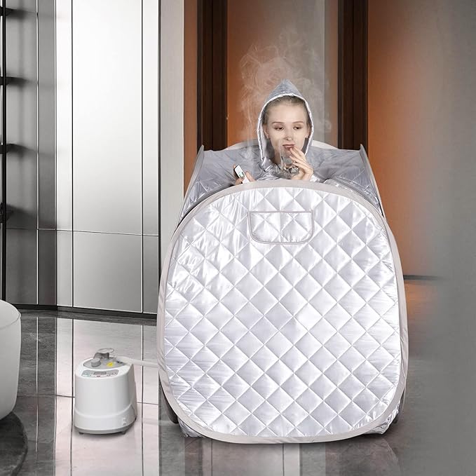 Smartmak Portable Sauna Kit, one Person Full Body at Home Spa Hat Tent, Include 2L Steamer with Remote Control for Detox US Plug- Grey