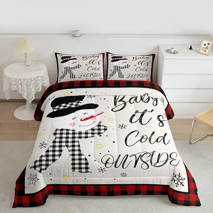 Kids Christmas Snowman Comforter Set Full Size,Snowflake Winter Bedding Set,Girls Boys Adults Xmas Decor,Geometric Grids Lattices Patch Down Comforter,Red Rustic Vintage Duvet Insert,2 Pillowcases