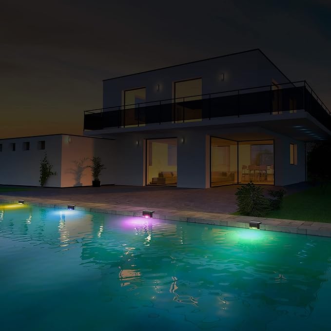 Solar Pool Side Lights 4-Pack, Color Changing Waterproof Light up Swimming Pool Accessories Night, Outdoor LED Deck Lights for Stairs, Step, Fence, Yard, Patio, and Pathway Decor