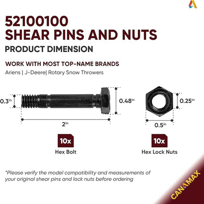 CANAMAX Pack of 10 Snowblower Shear Pins and Nuts 52100100 Compatible With Ariens ST924DLE, ST927LE, ST1130DLE, ST924LET, ST927LET, ST1130LET, ST27LE, ST824E, ST1027LE, ST824LET, ST1027LET Snowthrower