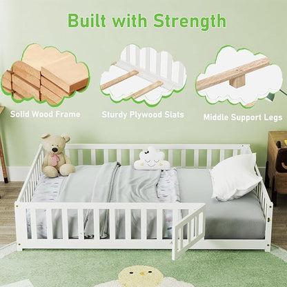 KOMFOTT Full Size Wood Floor Bed with Door & Fence, Montessori Bed Frame with Full Length Safety Guardrails, Slats Support, Door & Latch, Wooden Montessori Floor Bed, No Box Spring Needed (White)