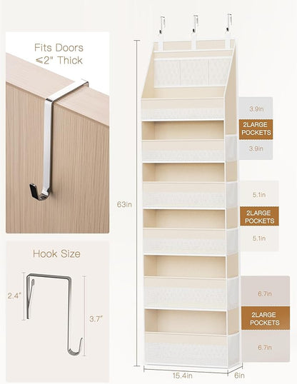 Criusia Over the Door Organizer, 6-Shelf Closet Hanging Storage with 13 Mesh Pockets, 55lbs Capacity Behind the Door Storage for Baby Nursery, Bathroom, Bedroom, and Dorm, Beige