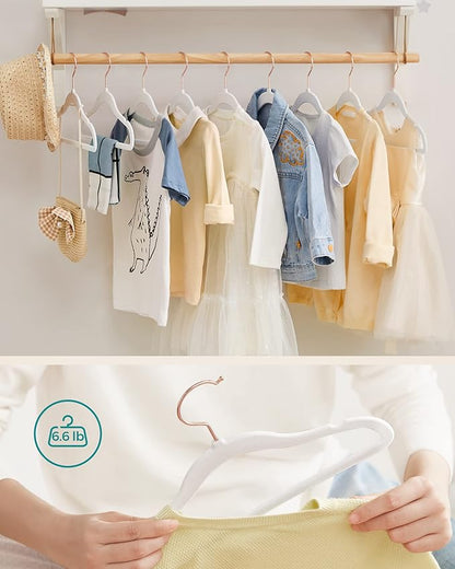 SONGMICS Baby Kids Hangers 50 Pack for Closet, 11.8 x 8.1 Inches, Rose Gold 360° Swivel Hooks, Space-Saving Clothes Velvet Hangers for Nursery, Non-Slip, Cloud White UCRF027W01