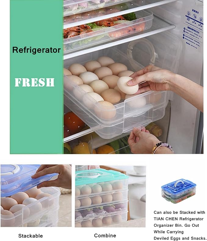 Deviled Egg Tray with Lid, 2-Layer, Food Storage Container with Handle, Egg Holder for Refrigerator, large, 40 eggs (Green)