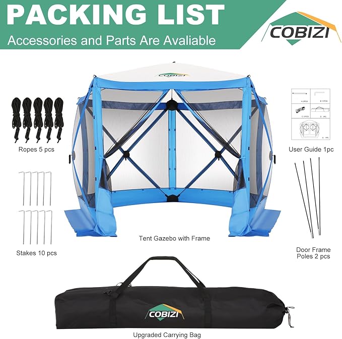 COBIZI 10x10ft Pop up Gazebo Screen House Tent for Camping, Pop-up Camping Canopy with Mesh Windows,Portable Outdoor Quick-Set Hub Tent with Carrying Bag&Ground Stakes,Blue(Upgraded 2.0)
