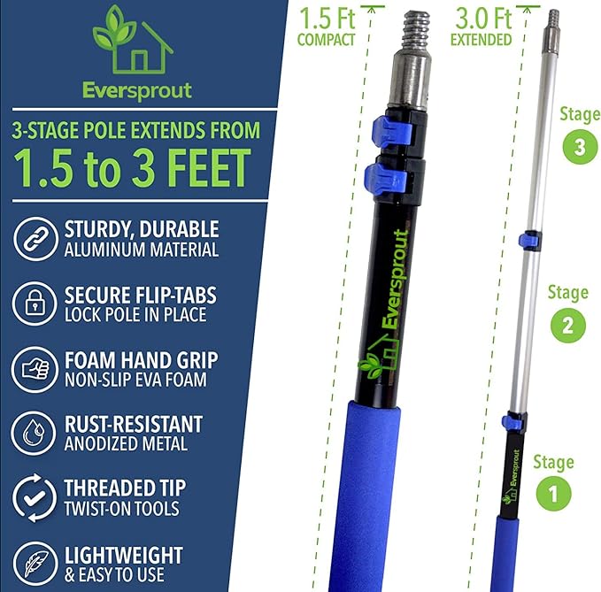 EVERSPROUT Never-Scratch SnowBuster 1.5-to-3 Foot | Premium Snow Removal and Car Cleaner Kit | Extendable Ice Scraper, Snow Broom and 3-Stage Pole | Perfect for SUV/Truck/Car Windshield, Windows, Roof