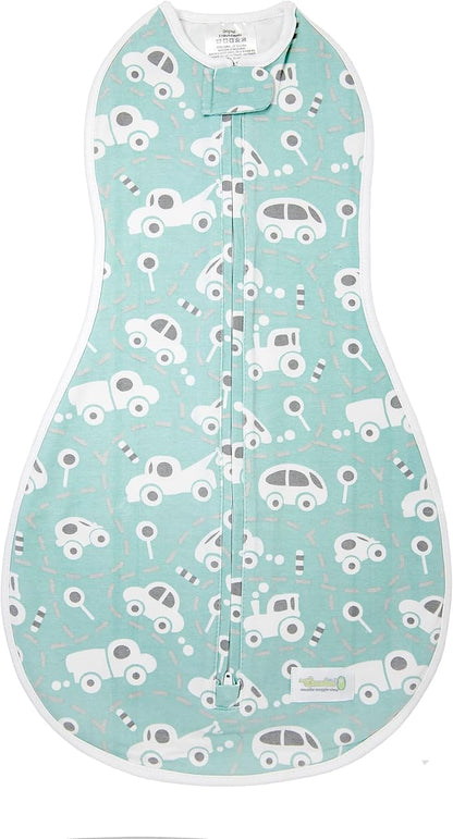 Woombie Original Baby Swaddling Blanket - Soothing, Cotton Baby Swaddle with Zipper - Wearable Newborn Blanket, Buzzy Cars, 14-19 lbs