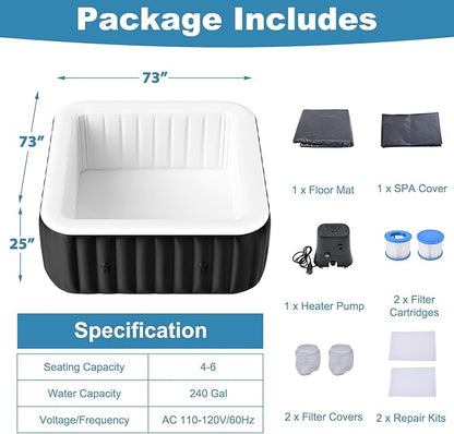 NAIZEA Inflatable Hot Tub - Outdoor Hot Tubs 4 to 6 Person, Portable Blow Up Spa Square Portable Hot Tub, 130 Soothing Bubble Air Jets, Cover, 2 Filter, 240 Gallon,73x73x25 in