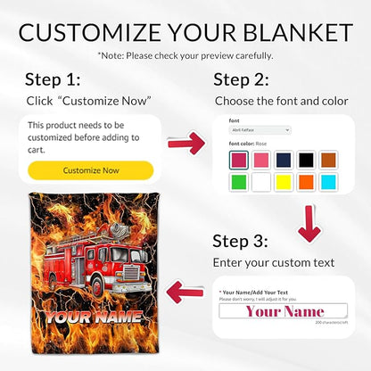 Kids Blanket Gifts Personalized Fire Truck Blankets for Boys, Toddler - Soft Lightweight Flannel Firefighter Throws for Couch, Office & Bedroom