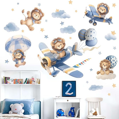 Airplane Animals Wall Stickers - Hot Air Balloon Lion Clouds Wall Decals - Girls Bedroom Baby Nursery Kids Room Wall Decor