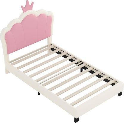 Bellemave Twin Size Princess Bed Frame with Crown Shaped Headboard for Kids,Upholstered Platform Bed with Slats Support,Twin Girls Bed,White