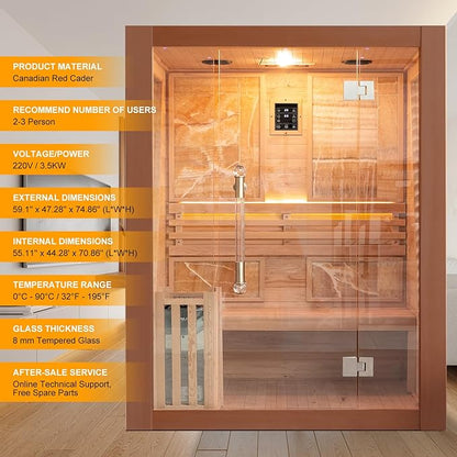 Smartmak Wood Home Steam Sauna, 2 or 3 Person Canadian Red Cedar Traditional Luxurious Wooden Indoor Spa Room, with 3.5 kw Heater, Bluetooth Speaker, Rocks, Water Bucket, Spoon, Lights