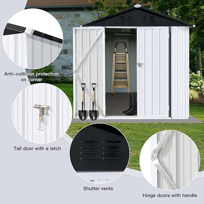 6 x 4 FT Metal Outdoor Storage Shed & Double Hinged Large Door - Heavy-Duty Shed with Floor, Lockable & Ventilation - Rainproof Windproof Large Utility Garden Shed for Backyard Patio Lawn - White