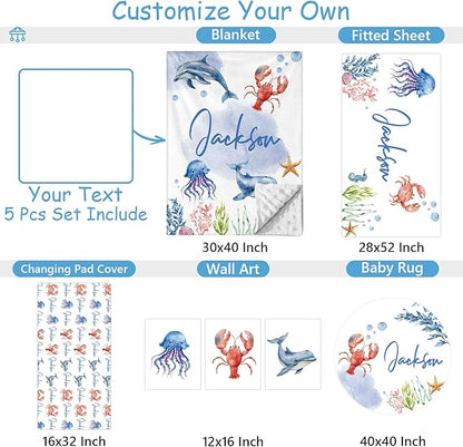 Custom Baby Crib Bedding Set, 5 Pcs Personalized Baby Crib Set with Name, Ocean Animals Design Nursery Bedding Sets, Toddler Bedding Set, Newborn Infant New Parents Customized Gift