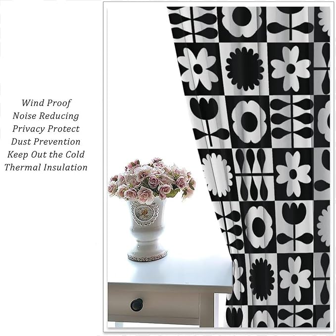 Mid Century Geometric Floral Curtains,Vintage 70s Window Treatments for Boys Girls Kids Bedroom Curtains,Boho Black and White Floral Curtains 72"" W X 63"" L, Style-10