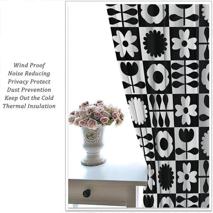 Mid Century Geometric Floral Curtains,Vintage 70s Window Treatments for Boys Girls Kids Bedroom Curtains,Boho Black and White Floral Curtains 72"" W X 63"" L, Style-10