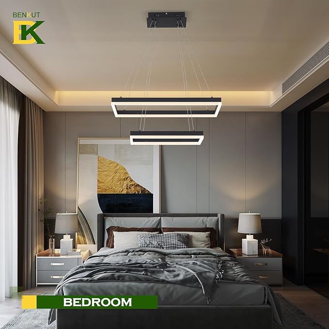 2 Rings Modern LED Chandelier Black 23.6inch Rectangle Dimmable LED Pendant