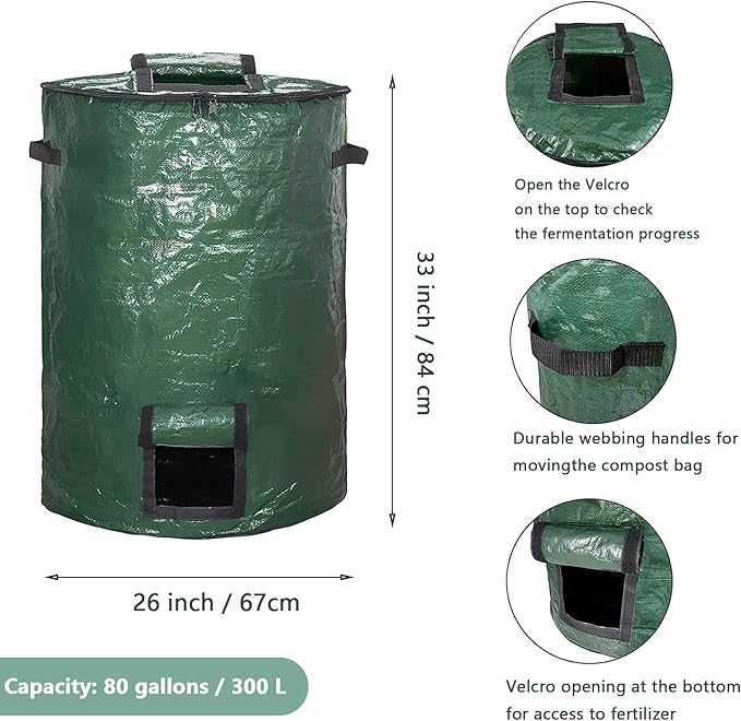 Large Compost Bin Bags,Garden Compost Bin Bags 80 Gallon(300L) Outdoor Collapsible Garden Yard Garbage Cans Fallen Leaf Bag (Green 1pc)