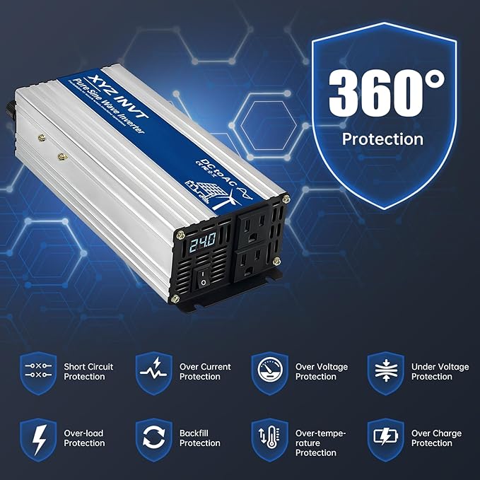 1200W Pure Sine Wave Power Inverter DC 24V to AC 110V/120V, 2400W Peak, Car/Truck Power Converter for Solar, Home, Vehicle & Rechargeable Devices with LED Display