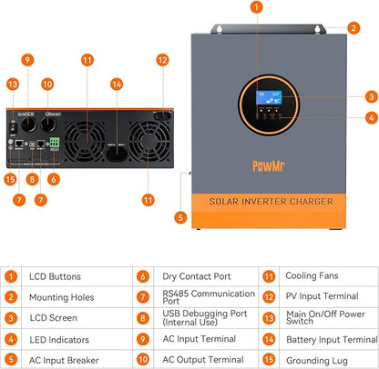 PowMr 5000W Solar Inverter 48V to 120V, Pure Sine Wave Power Inverter 5000W Built-in 80A MPPT Controller, Max.PV Input 5500W,500V,22A, Work with 48V Lead Acid and Lithium Batteries