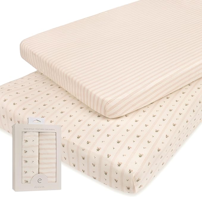 Ely's & Co. Pack and Play Sheets, for Mini/Portable Crib, 2 Pack Fitted Playpen Play Yard Sheet Set Compatible with Graco Pack n Play, for Baby Girls, 100% Cotton, 38”x24”x5” Pink Linear Floral