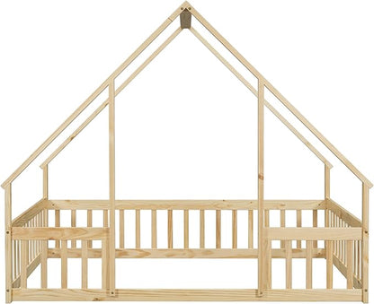 Bellemave Full Floor Bed for Kids, Girls, Boys, Wood House Bed Frame, House Floor Bed for Kids, Full Size Montessori Floor Bed with Fence, Playhouse, Natural
