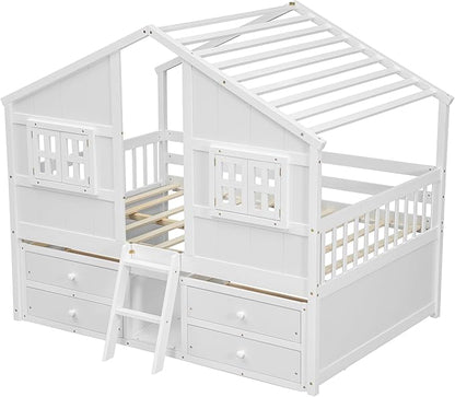 Harper & Bright Designs Full Size House Loft Bed with 4 Storage Drawers, Low House Montessori Bed with Roof and Windows, Safety Guardrails for Kids, Girls, Boys, White